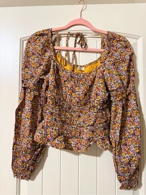 easel Mustard Pink Floral Smocked Peasant Top. NWOT